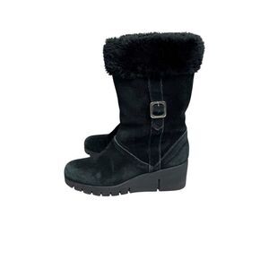 Lifestride black suede knee high wedge boots size 8